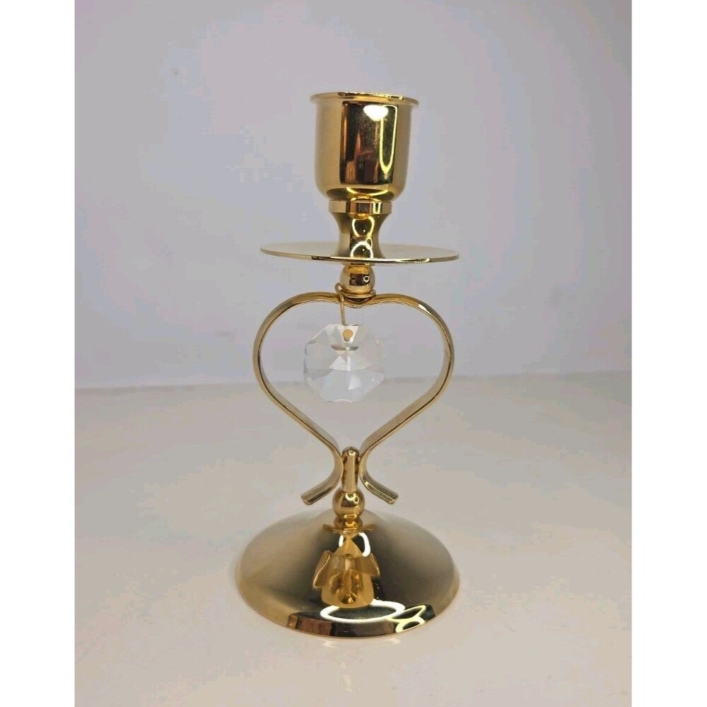 Vintage Gold Plated Heart Candlestick Holder with Hanging Crystal Pendant